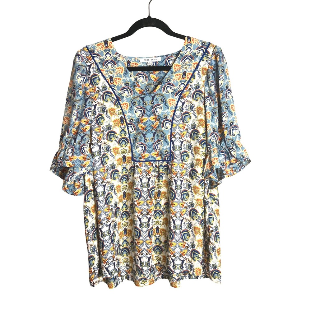 Rose + Olive Floral Top Plus Sz 1X Mixed Print Boho Peasant Flowy Ruffle Sleeve